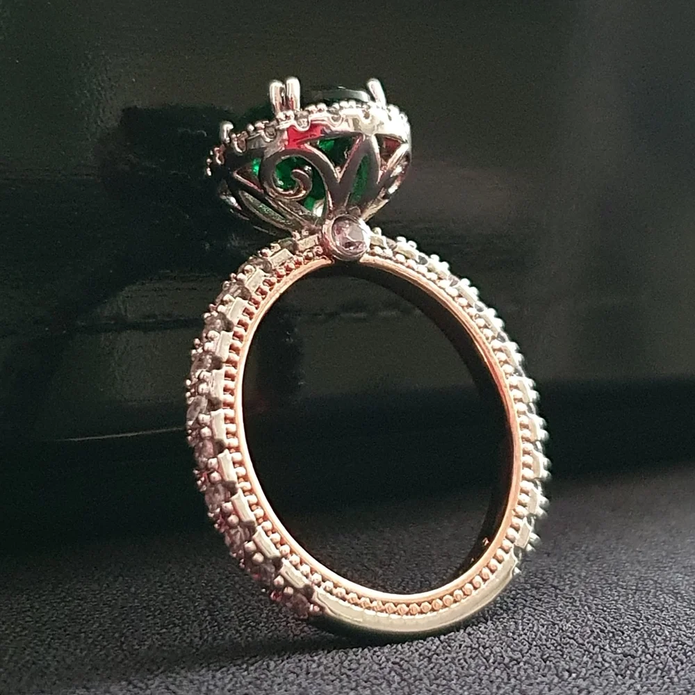 Designer Silver&Rose Gold Round Green Diamond Ring - Picture 2 of 6